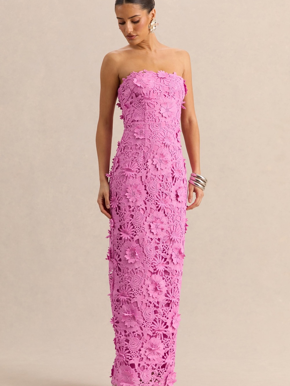 Club L London Strapless Pink 3D Floral Lace Column Dress
